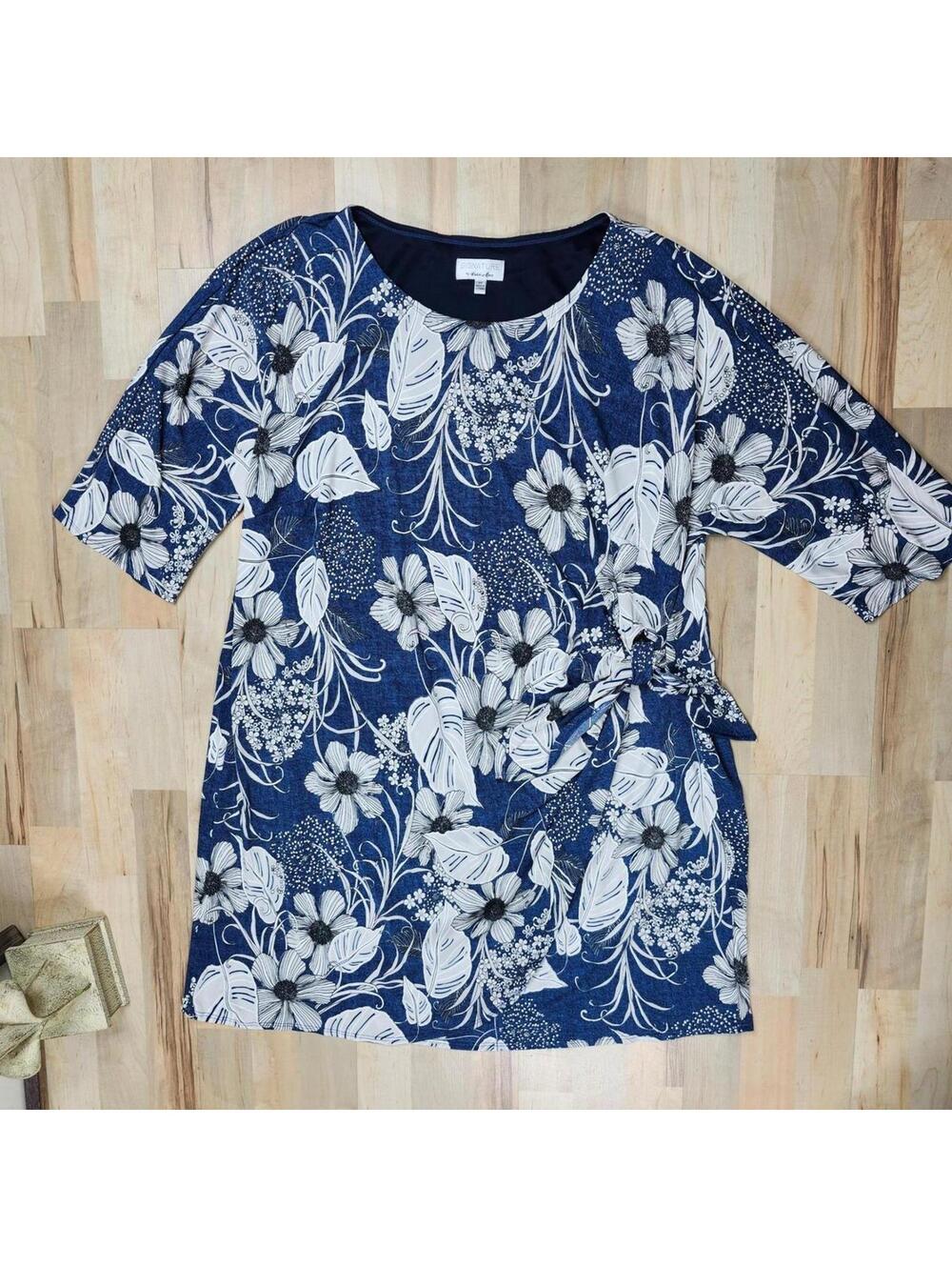 Signature by Robbie Bee Floral Print Dress Tie Waist 3/4 Sleeve 3X